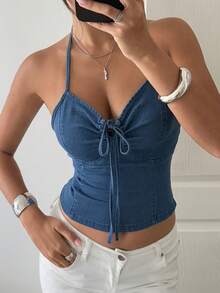 Women's Summer Halter Tie-Up Backless Casual Sleeveless Denim Crop Top - Dark Wash - View 7