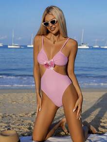 Swim Vcay Costume da bagno intero da donna con decorazioni floreali 3D e volant sulle spalline, adatto per vacanze in spiaggia, feste in piscina e feste in spiaggia - Rosa - Visualizzare 3