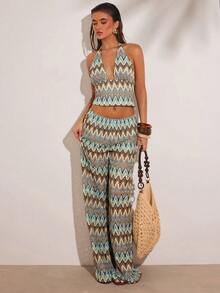 SHEIN BAE Women's Crochet Colorful Striped Low-Waist Loose Wide-Leg Pants,Blue Summer Boho Beach Vacation Holiday,French Riviera Italian Casual Honeymoon Travel - Blue - View 5