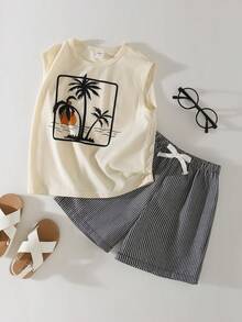 THE HAPPY LOOK 男婴椰子树图案针织柔软圆领无袖背心和松紧腰短裤两件套 - 杏色 - 查看 9