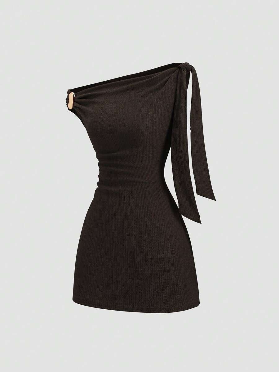 Sweetra Asymmetrical Shoulder Tie-Up Summer Minimalist Design Dress - Coffee Brown - View 1
