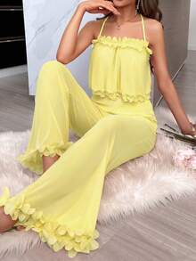 Côtesoire Bộ đồ gồm áo hai lớp chiffon và quần ống rộng, trang trí họa tiết hoa 3D. - Màu vàng - Xem 3