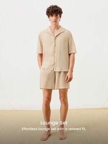 LUVLETTE Men's Linen Summer Minimalist Cozy Beige Pajama Set Short-Sleeve Button Top & Shorts Sleek Comfortable Lounge Wear - Khaki - View 2