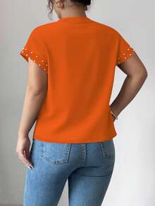 Elenzga Plus Size Versatile Embellished Faux Pearl Embroidered Short Sleeve T-Shirt - Orange - View 2
