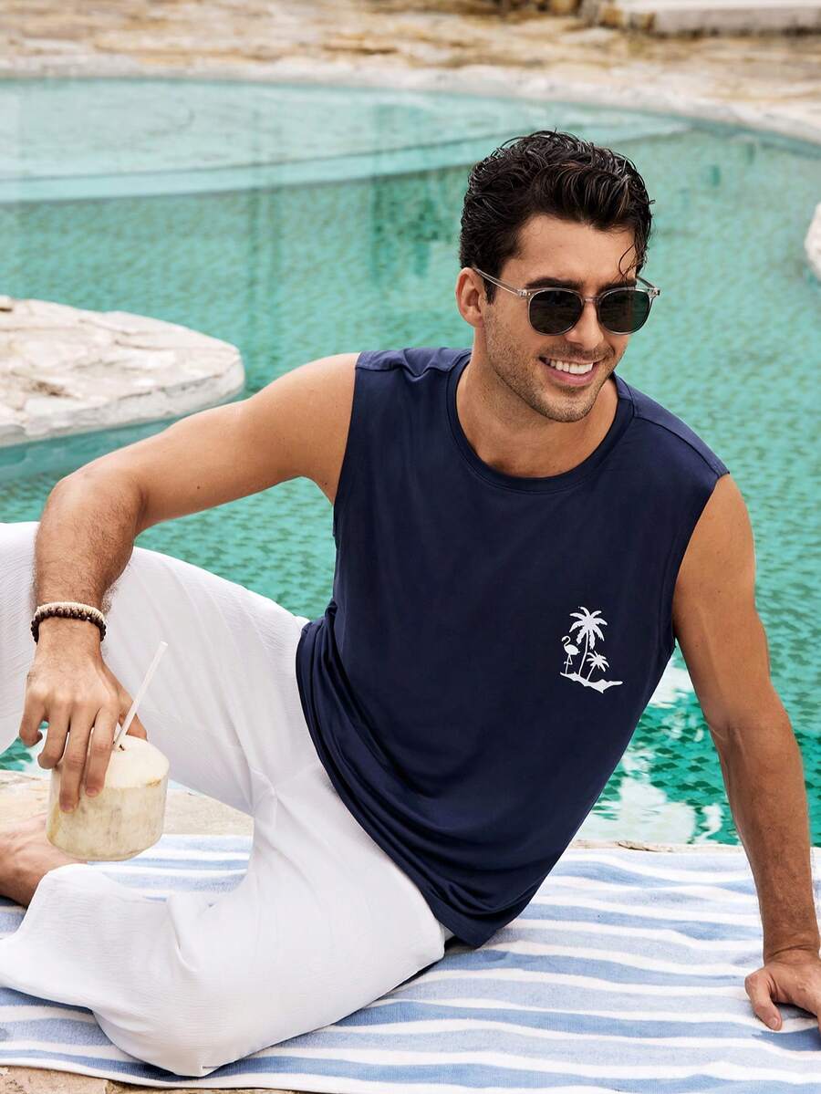 Mercer Haus 1 chiếc áo tank top nam cổ tròn in hình cây dừa, kiểu dáng thường ngày, thích hợp cho mùa hè. - Màu xanh hải quân - Xem 1