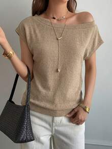 DAZY Women's Elegant Asymmetric Neck Short Sleeve Asymmetric Neck Sweater - Khaki - View 6