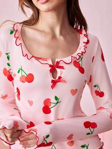 2pcs Women Casual Cherry Print Ruffle Trim Long Sleeve Square Neck Loungewear Set, Autumn - Pink - View 9