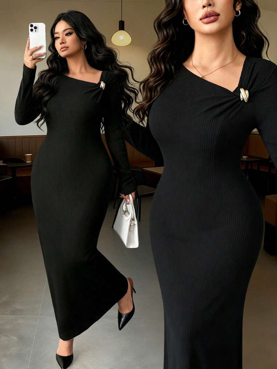 Elenzga Women's Elegant Casual Long Sleeve Knit Fabric Versatile Dress For Outdoor Wear - Black - View 1