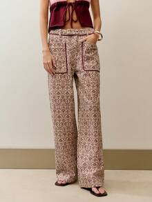 Nöista Women's Casual Daily All-Over Print Contrast Trim Pocket Jeans - Beige - View 1