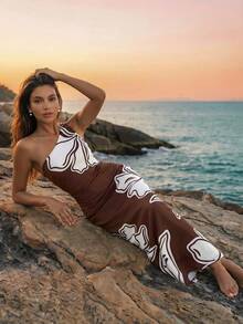 CAJUNI Damen Mode vielseitiges Midi-Kleid mit Blume Muster, elegant für den Urlaub - Braun - Übersicht 1