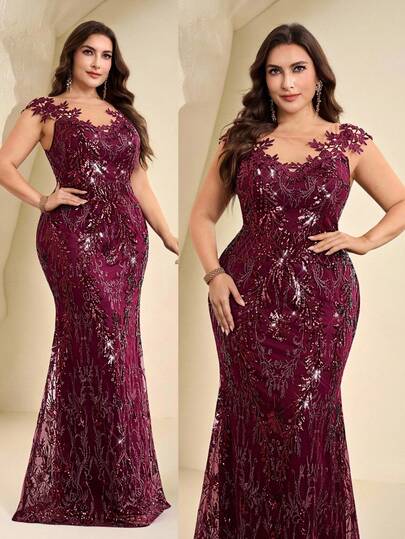 Coutiva Elegant Sequined, Heavily Embellished 3D Floral Design; Mermaid-Style Skirt; Formal Evening Gown; Wedding Guest Dress; Plus-Size Bride/Mother's Wedding Dress.