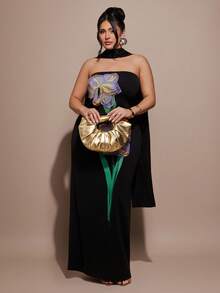 SHEIN BAE Plus Size Elegant Black Bodycon Long Maxi Dress,Autumn Formal Evening Ceremony Gown Women's 3D Floral Vibrant Plant Pattern Strapless Cocktail Party - Black - View 5