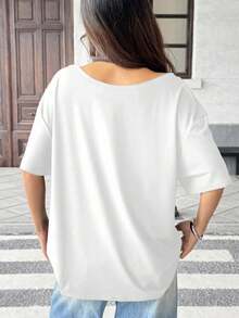 EMERY ROSE Áo thun nữ cỡ lớn mùa hè, cổ lệch, dáng rộng - Họa tiết sinh vật biển (cá ngựa, sao biển, vỏ sò) - trắng - Xem 2