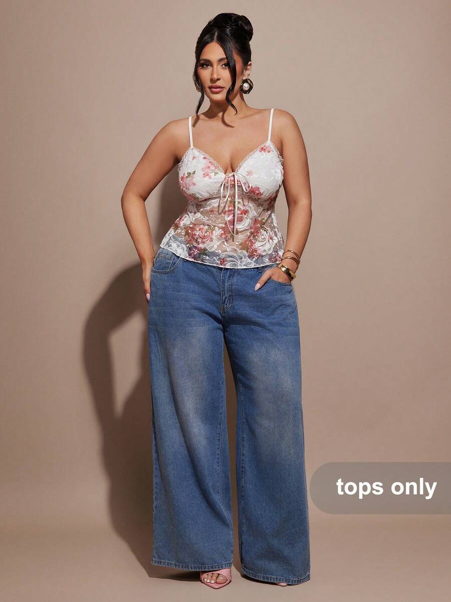 SHEIN BAE Plus Size Women's New Pink Lace Floral Fitted Sexy Elegant Party Camisole