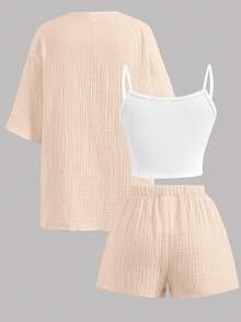 SHEIN 少女夏季休闲度假亚麻纹理衬衫和短裤套装 - 卡其色 - 查看 2