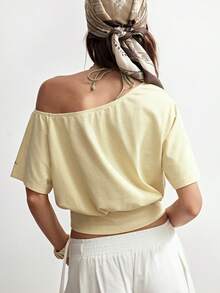 Bohemela T-shirt asymétrique en tricot de couleur unie pour femmes - Jaune citron - Voir 4