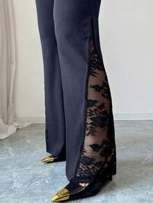 Elenzga Blazer et pantalon élégant en ensemble 2 pièces pour femmes, avec patchwork de dentelle. Convient pour le style décontracté, les déplacements, la mode de rue vintage française, les affaires, les vacances. Automne/Hiver - Bleu marine - Voir 8
