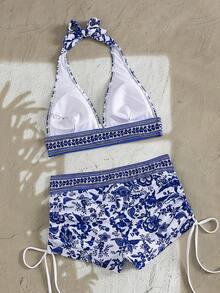 Swim Vcay 2pcs/Set New Random Print Halter Neck Briefs Sexy Elegant Vacation Bikini Swimwear Set, Suitable For Beach Golf, Pool Party White Summer - Blue and White - View 4
