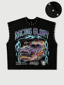 ROMWE MEN Street Life Men's Printed Rivet Loose Tank Top - Black - View 1