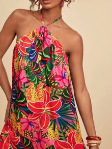 Travachic Women's Floral Print Halter Neck Short Dress, Vacation Style - Multicolor - View 2