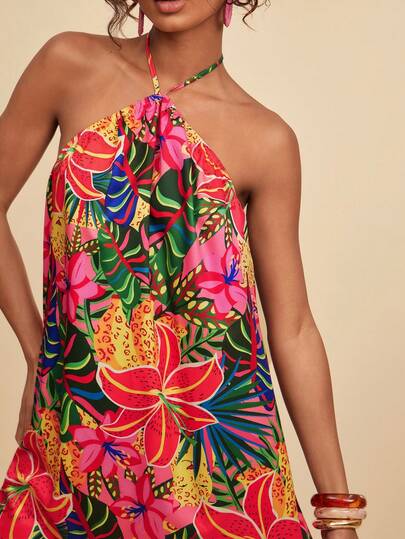 Travachic Women's Floral Print Halter Neck Short Dress, Vacation Style