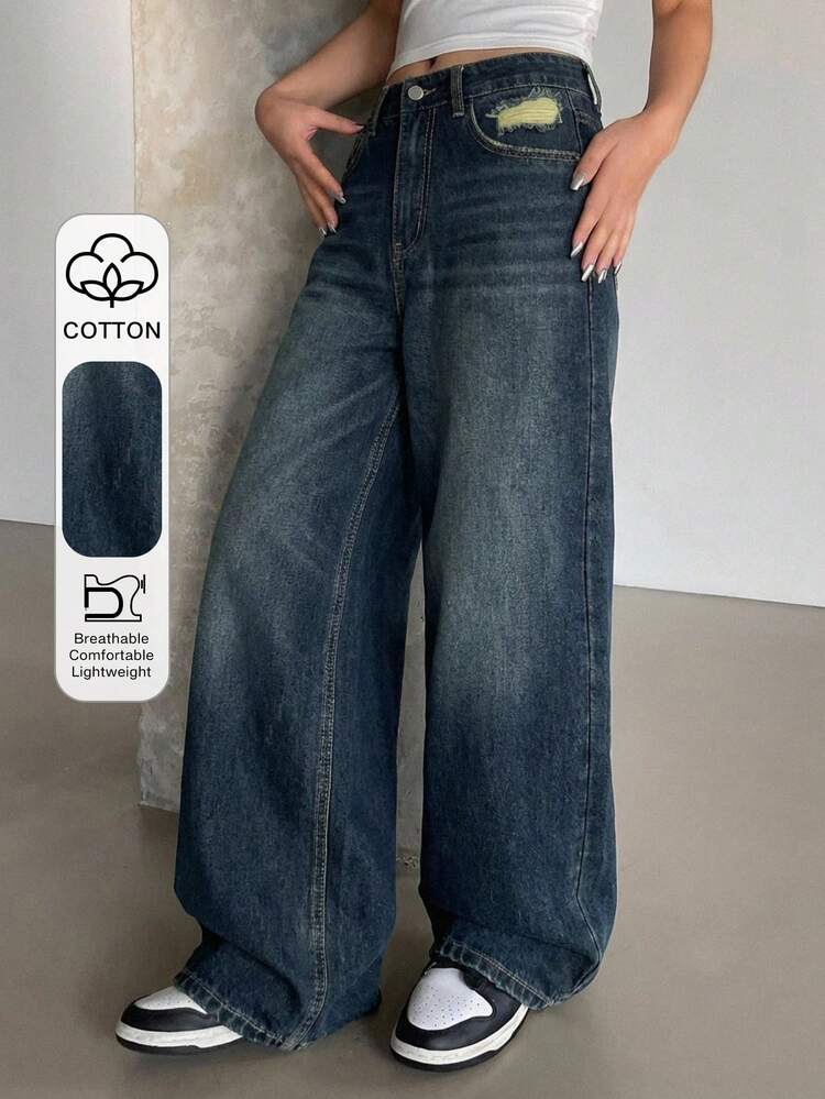 Women's TALL Distressed Decor Loose Straight Leg Jeans, Casual Street Style Pants