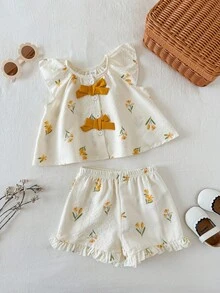 SHEIN 2件套女婴/幼儿休闲碎花短袖衬衫和短裤套装，夏季度假风 - 黃色 - 查看 3