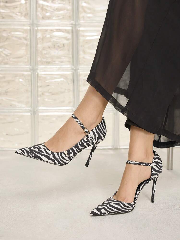 WOMEN'S FASHIONABLE ELEGANT COMMUTER ZEBRA PRINT POINTED TOE ADJUSTABLE BUCKLE HIGH HEELS VALENTINE'S DAY SPRING SHOES