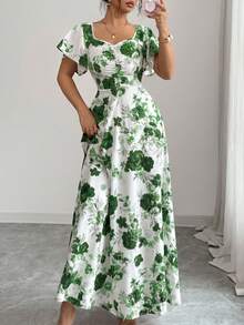 SHEIN Elenzya 女款白色碎花夏季優雅婚禮賓客玫瑰小碎花前褶皺荷葉袖A字長洋裝，休閒度假時尚復古 - 彩色 - 查看 5