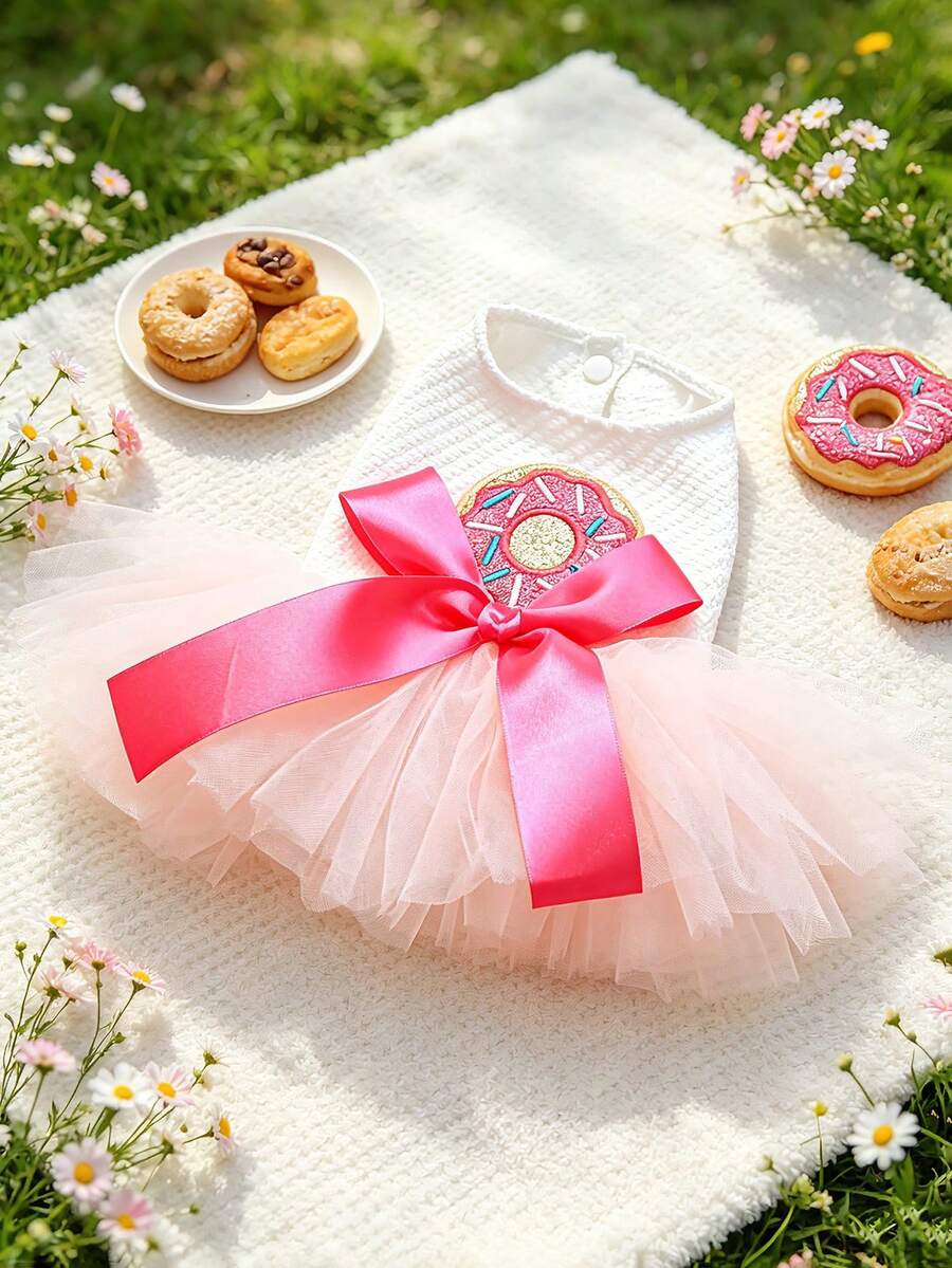 PETSIN 1pc Donut Embroidery Pet Puff Skirt Big Bow Sweet Wind Small Dog Cat Dog Clothes - Pink White - View 1