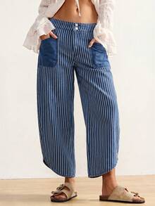 Bohemela Plus Size Casual Washed Striped Low-Waist Jeans Date Night Navy Blue Summer - Medium Wash - View 5