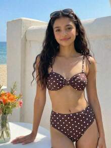 SHEIN 少女黑白波点印花扭结系带比基尼套装，2件套，休闲沙滩度假泳装 - 黑與白 - 查看 6