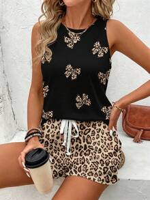 SHEIN LUNE Bộ đồ nữ gồm áo tank top cổ tròn và quần short, thích hợp cho mùa hè. - Nhiều màu - Xem 3