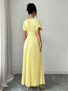 Modelyn Women's Yellow Dress, Solid Color With Faux Pearl Decor And Ruffle Design, Elegant A-Line Short Sleeve Ankle-Length Dress, Suitable For Spring And Summer, Women's Style - Light Yellow - View 2