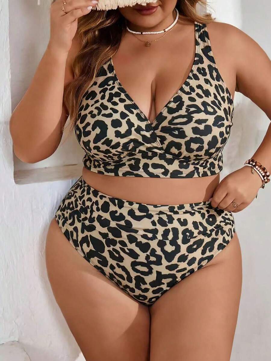 SHEIN CURVE+ Bộ bikini 2 mảnh họa tiết da báo dành cho nữ cỡ lớn, đồ bơi đi biển. - Nhiều màu - Xem 1