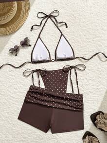 Bonvoyette 新款春夏爆款三件套比基尼：波点拼接印花三角杯系带短裤，性感褶皱多色女士沙滩泳衣 - 咖啡棕 - 查看 7