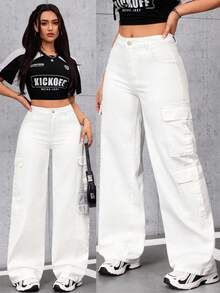 SHEIN Tall Women's Casual Everyday Flap Pocket Cargo Denim Jeans - White - View 1