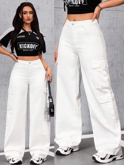 SHEIN Tall Women's Casual Everyday Flap Pocket Cargo Denim Jeans