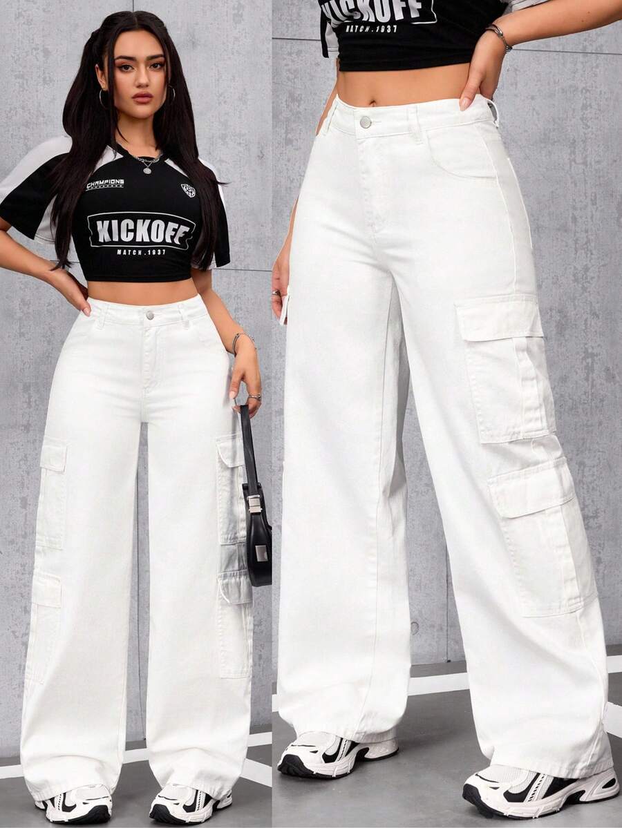 SHEIN Tall Women's Casual Everyday Flap Pocket Cargo Denim Jeans - White - View 1