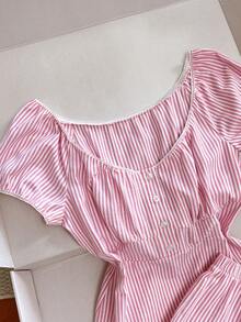 Elamini Französischer Retro-Süßes-Mädchen-Frisch-Alltags-Ausflug-Campus-Outfit-Zuhause-Lässig-Top: Puffärmeliges Crop-Top mit Kragen, Knopfleiste; Unterteil: Hose mit Rüschensaum-Dekor, Frühling Sommer Herbst rosa & weiß gestreiftes 2-teiliges Set für Frauen - Pink - Übersicht 3