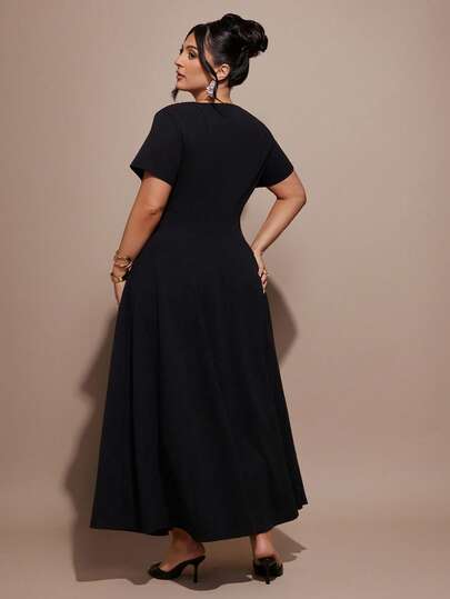 SHEIN BAE Plus Size Elegant Solid Color Black Dress,Autumn Formal Wedding Guest Dress For Women,Mother's Day Party,Graduation,Vacation,Curve Birthday Outfit
