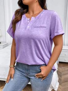 EMERY ROSE Plus Size Solid Color Half Button Front Cuffed Sleeve T-Shirt Henley Shirtpink Tshirtpink T Shirtpink Top Women - Mauve Purple - View 5