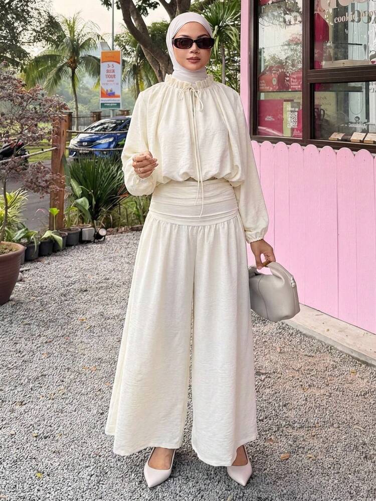 Women's Solid Color Ruffle Trim Long Sleeve Shirt And Pants Casual 2 Pieces Set Lounge Sets For Women
