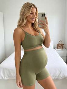 SHEIN Set sportivo casual di reggiseno e pantaloncini tinta unita da maternità - Verde Oliva - Visualizzare 5