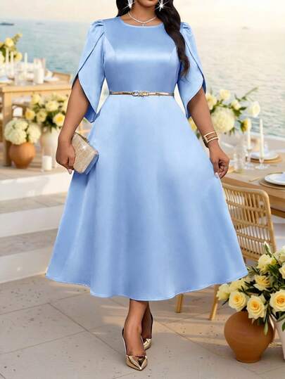 Fleurora Plus Size Solid Color Minimalist Daily Wear Round Neck Short Sleeve Dress Plus Size Dress Wedding Guest Outfits For Women Curve Zanea Dress For Woman Zanzea Dress For Women Plus Size Elegant Dress