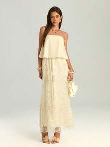 Firerie Vestido de playa elegante y romántico para mujer, vestido casual suelto sin tirantes de color blanco y albaricoque, adecuado para la playa, vacaciones, citas, fiestas, bodas, atuendo de verano - Blanco - Ver 4