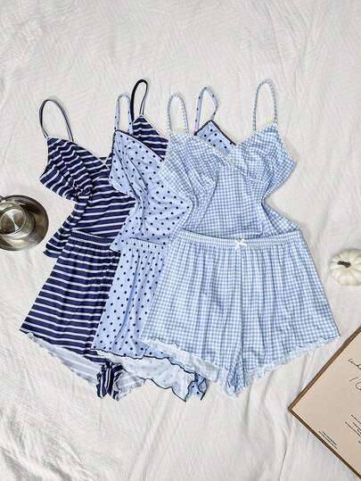 Napfluff Bộ 3 món đồ ngủ nữ gồm áo hai dây ôm sát và quần short, họa tiết kẻ caro xanh, chấm bi, sọc, đồ ngủ đồng bộ cho bạn bè/chị em gái.