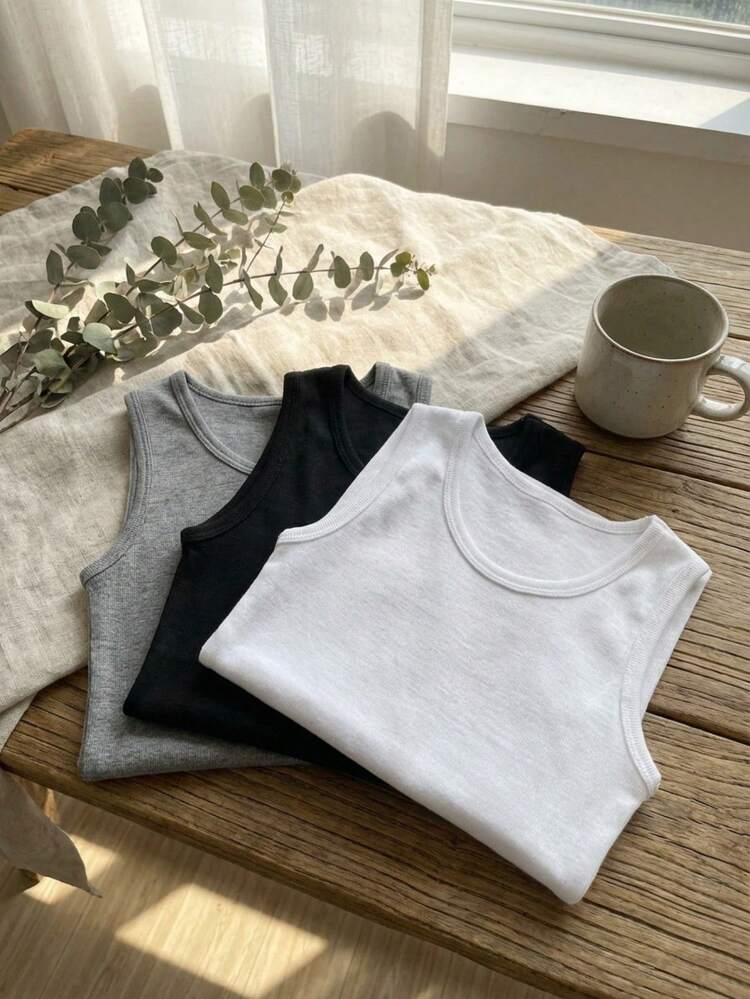 Young Boy Solid Color Round Neck Sleeveless Casual Daily T-Shirt