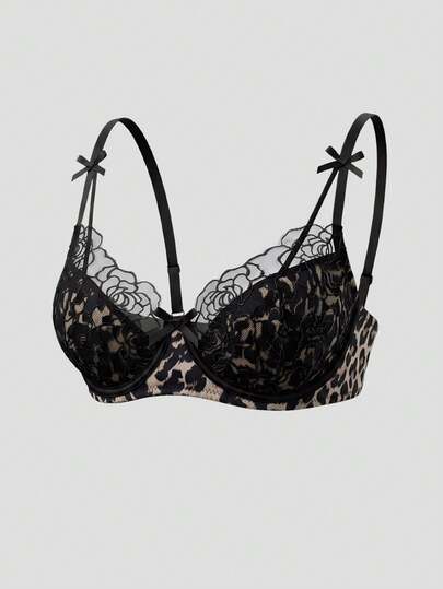 DAZY Lace Patchwork Leopard Print Bow Decor Adjustable Spaghetti Strap Lift Up Bra For Women