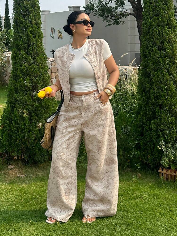 Dazy Plus Floral Print Round Neck Denim Vest And Loose Straight Leg Pants Vacation Style Denim Set, Plus Size For Women Spring/Summer